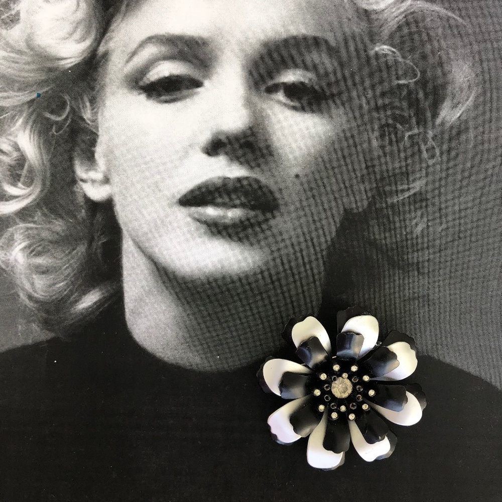 Large black White 1960’s enamel flower brooch